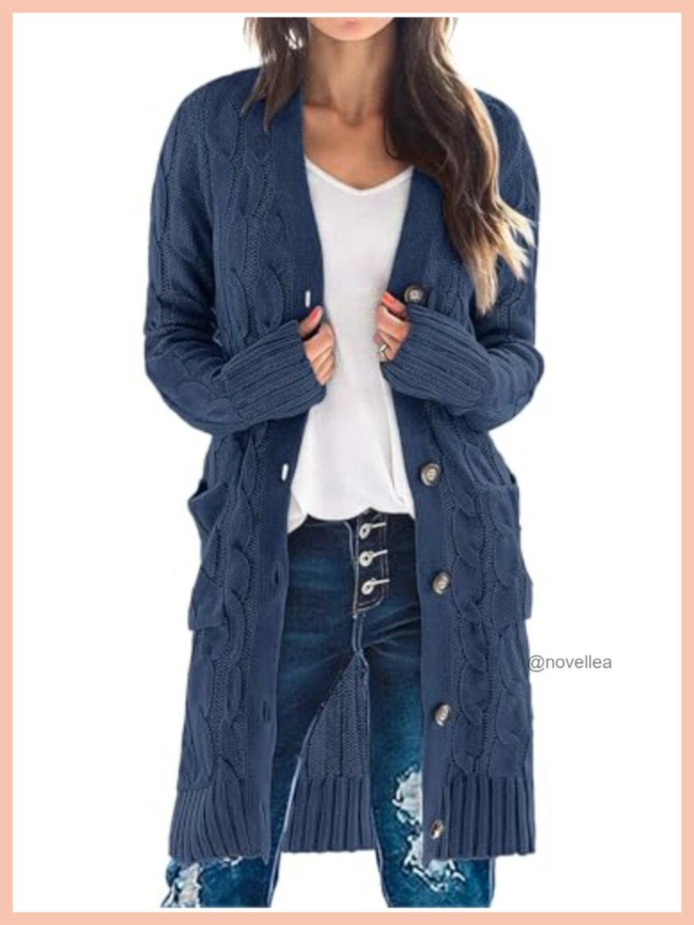 Women's Cable Knit Button Down Long Cardigan Sweater with Pockets